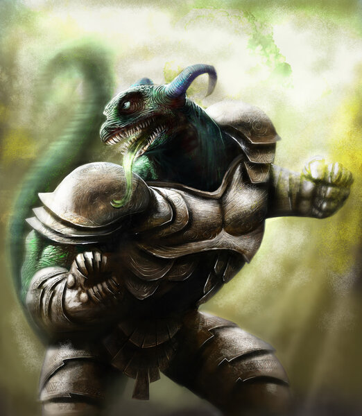 воин ящерицы в стальных доспехах
