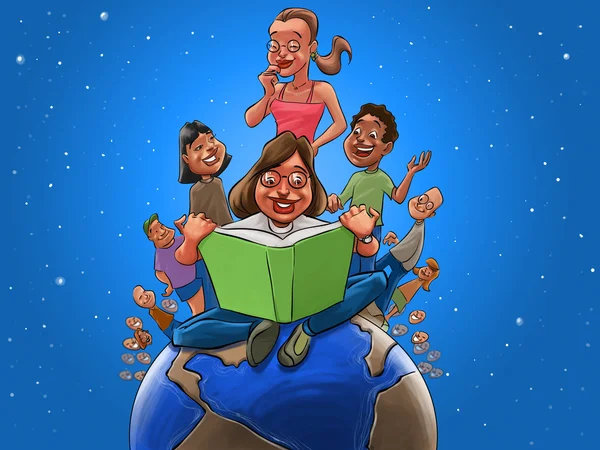 Τα παιδιά και το δάσκαλο readin ένα βιβλίο — Φωτογραφία Αρχείου