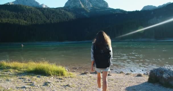 Mujer morena feliz con una mochila negra va al lago de montaña, levanta las manos y disfruta de la hermosa vista de las montañas y el bosque. Vista trasera — Vídeo de stock