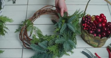 Kırsal Noel çelengi yapıyorum. Kırsal ahşap arka planda yeşil dalları tutan eller. Mevsimlik tatil atölyesi çevrimiçi, evde şenlikli dekorasyonlar yapılıyor.