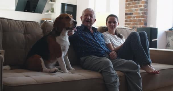 En pensionerad man med sin dotter och en beagle dog sitter i soffan och tittar på TV. Familjen tittar på TV och umgås — Stockvideo