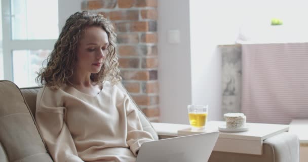 Piękna wesoła dziewczyna za pomocą srebrnego laptopa podczas siedzenia na kanapie przed oknem w salonie w domu. — Wideo stockowe