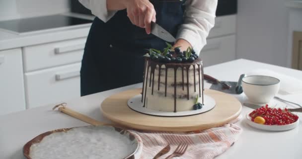 La donna in cucina ha tagliato la torta al cioccolato, aggrappandosi ad un coltello. Fetta separata di torta su un piatto. — Video Stock