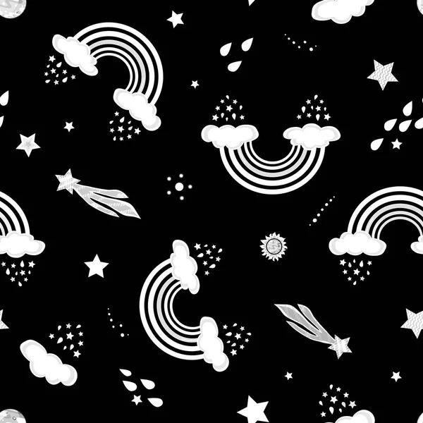 Fantasia monocromatica senza cuciture con arcobaleni ed elementi cosmici: stelle, comete su sfondo nero. Illustrazione vettoriale — Vettoriale Stock