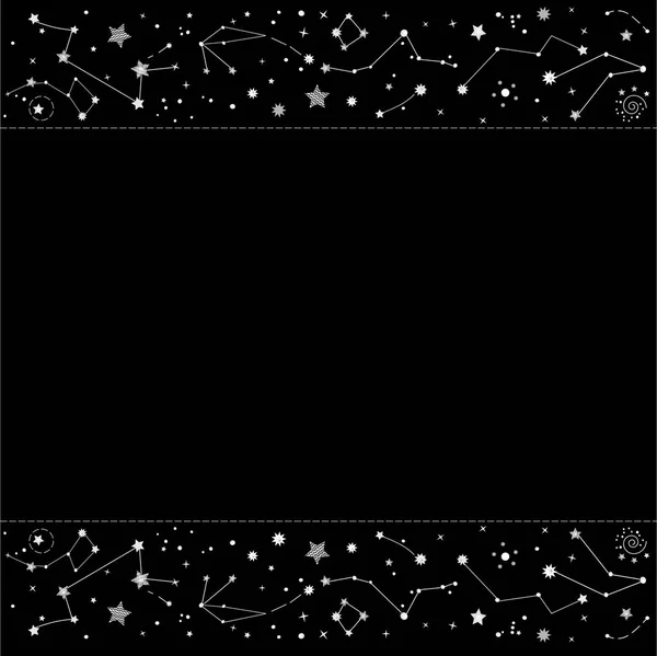 Sfondo stellato nero vettoriale nei colori bianco, grigio e nero con bordi cosmici e spazio vuoto per il testo. — Vettoriale Stock