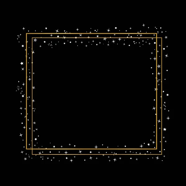 Krásný zlatý rám s bílými jiskry, hvězdy izolované na černém pozadí. Vektorová ilustrace — Stockový vektor