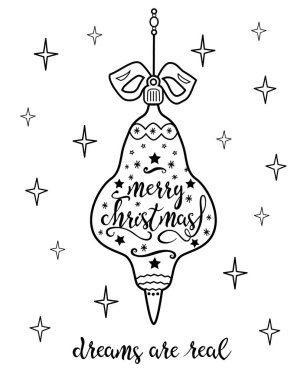 Tebrik kartı. Noel ağacı süsleri ve mesajlar, mutlu noeller, beyaz arka planda izole kar taneleri. Vektör