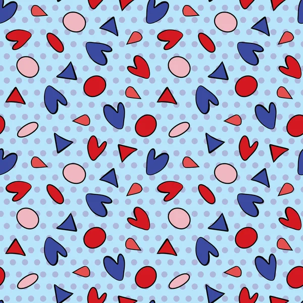 Χαριτωμένο μοτίβο διασκέδασης με καρδιές, τρίγωνα και πουά που απομονώνονται στο μπλε φόντο. Εικονογράφηση διανύσματος — Διανυσματικό Αρχείο