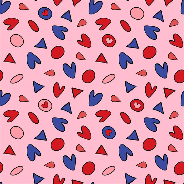 Μοτίβο με πουά, καρδιές και τρίγωνα που απομονώνονται στο ροζ φόντο. Εικονογράφηση διανύσματος — Διανυσματικό Αρχείο