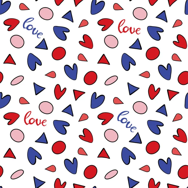 Χαριτωμένο μοτίβο με καρδιές, τρίγωνα και λέξη αγάπη απομονώνονται στο διαφανές φόντο. Εικονογράφηση διανύσματος — Διανυσματικό Αρχείο