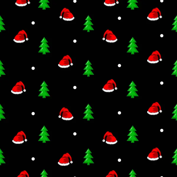 Christmas seamless pattern with christmas hats and trees, snow isolated on the black background. Vector illustration — Stock Vector