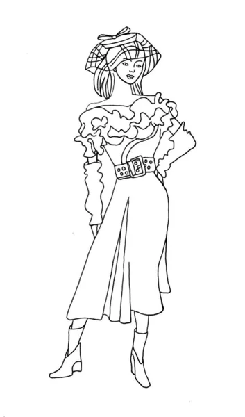 Dibujo de contorno de modelo. Mujer vestida aislada sobre fondo blanco. cuadernos de bocetos de decoración fpr, cubiertas, papel. —  Fotos de Stock