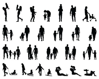 Beyaz arka planda yürüyen ve oyun oynayan ailelerin siluetleri