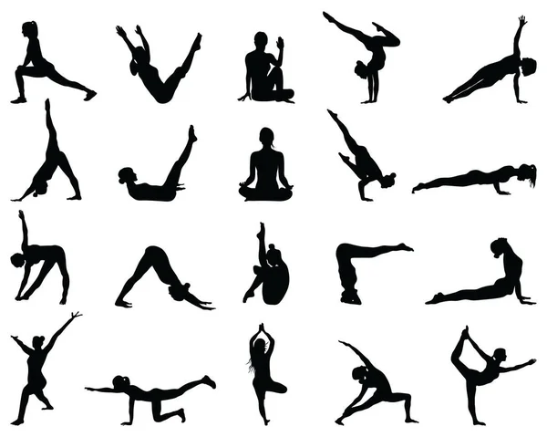 Beyaz arka planda siyah yoga ve fitness siluetleri