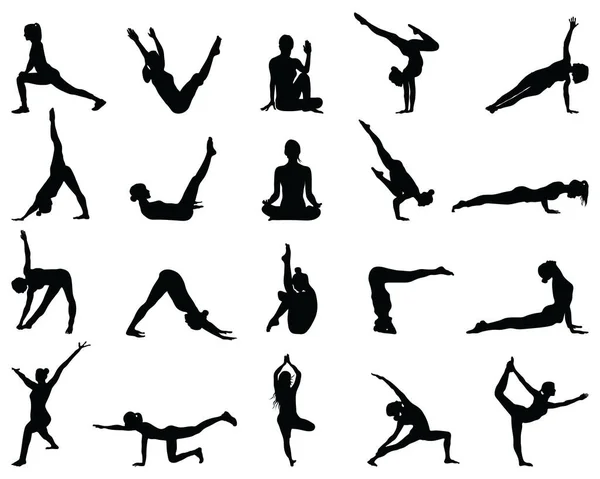 Zwarte Silhouetten Van Yoga Fitness Een Witte Achtergrond Rechtenvrije Stockillustraties