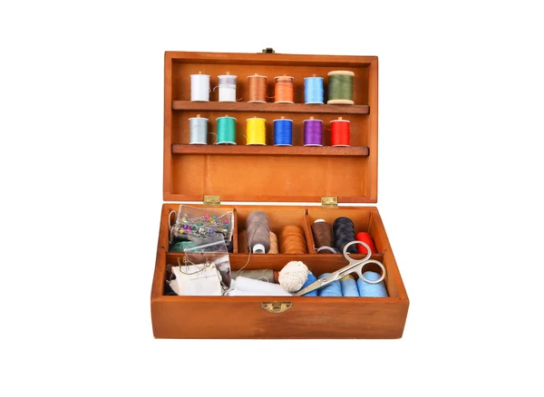 Sewing kit in wooden box — Stock Photo, Image