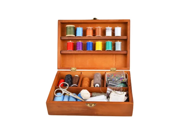 Sewing kit in wooden box — Stock Photo, Image
