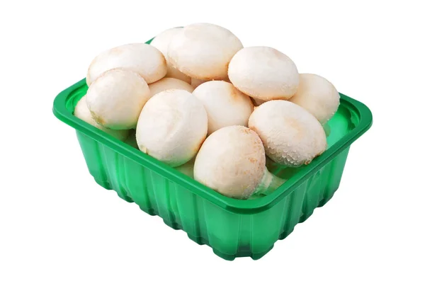 Fresh Raw Mushroom Champignon Box White Background — Stock Photo, Image