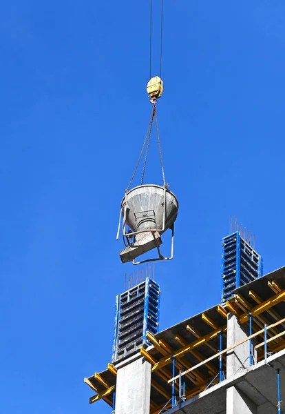 Crane Lifting Concrete Mixer Container Construction Site — Stock Photo, Image