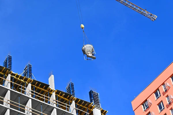 Crane Lifting Concrete Mixer Container Construction Site — Stock Photo, Image
