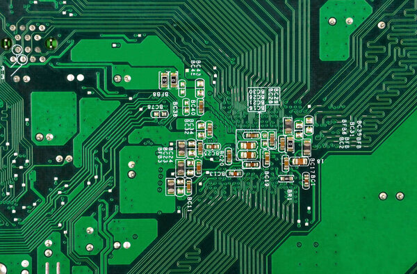 Close up of printed green circuit board