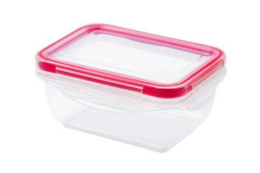 Yiyecek için plastik kutu, beyaz arka planda izole edilmiş.