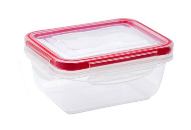 Yiyecek için plastik kutu, beyaz arka planda izole edilmiş.