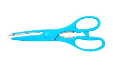 Mutfak plastik makasları, beyaz arkaplanda izole edilmiş.