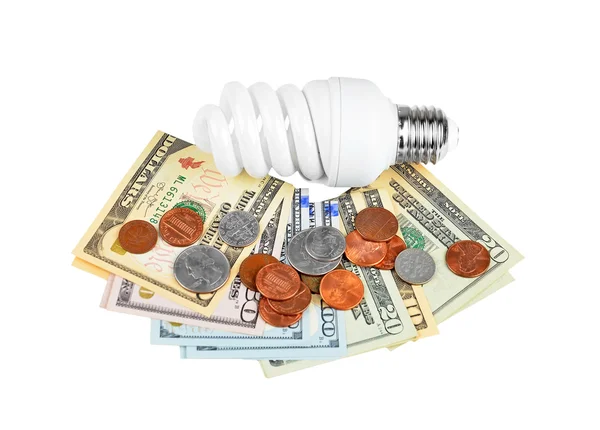 Energiebesparende lamp en geld — Stockfoto