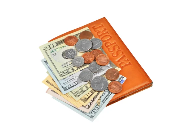 Dolaru bankovek a mincí s pas — Stock fotografie