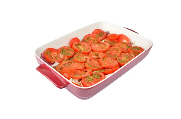 Tomaten und Fleisch in Backform — Stockfoto