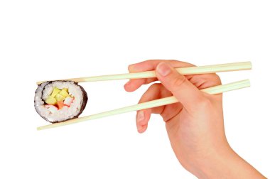 Japon mutfağı, suşi rulo ve sopa elde, izole