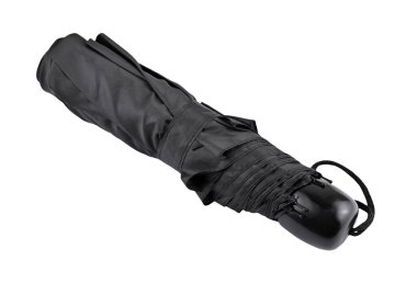 Küçük katlanmış siyah şemsiye, beyaz arkaplanda izole.