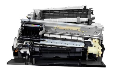 Bakım için parçalanmış mürekkep püskürtme yazıcısı, beyaz arkaplanda izole edilmiş