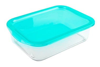 Yiyecek için cam kap, beyaz arka planda izole edilmiş.