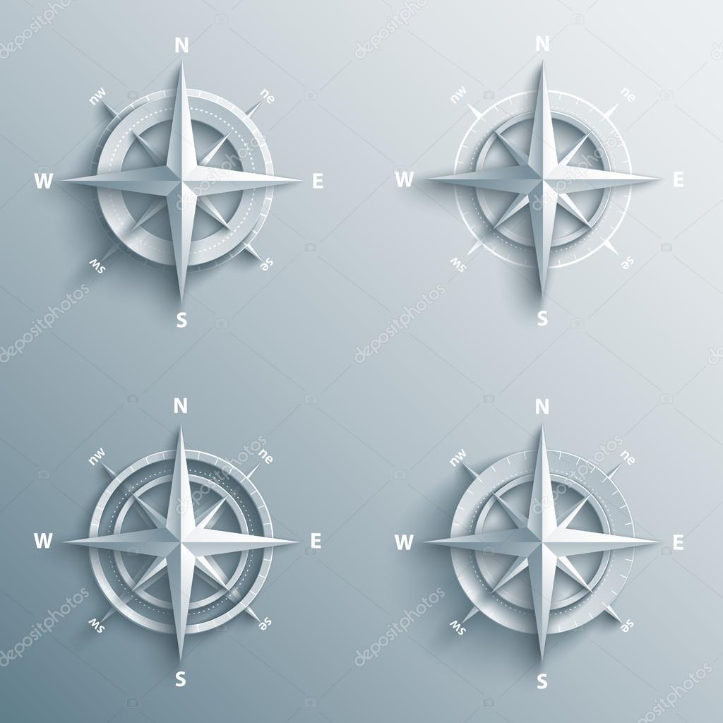 Set of 3d wind roses in paper and origami style. Modern compass and star icon illustration.
