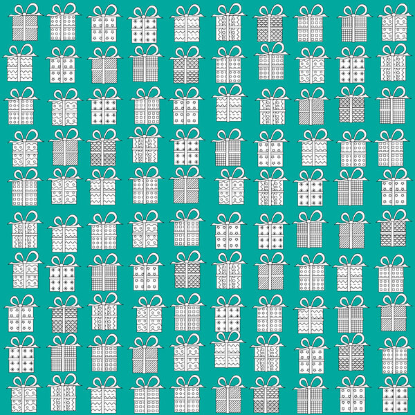 Collection of vector colorful Christmas present boxes. Holiday seamless pattern.