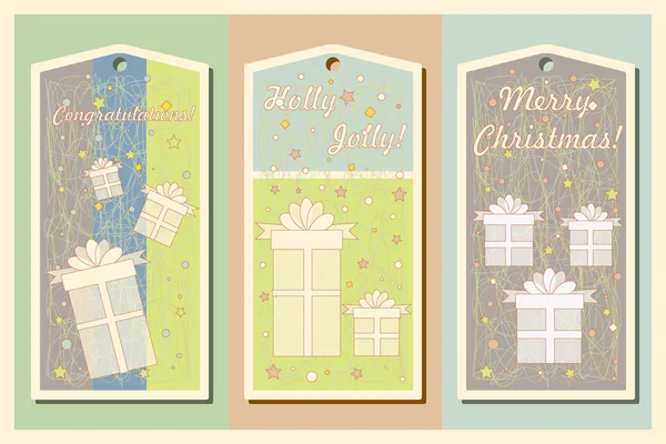 빈티지 크리스마스와 새 해 휴일 카드 선물 상자와 함께 설정합니다. 해피 홀리데이 집합 태그와 북마크입니다. 벡터 일러스트 레이 션. 스톡 일러스트레이션