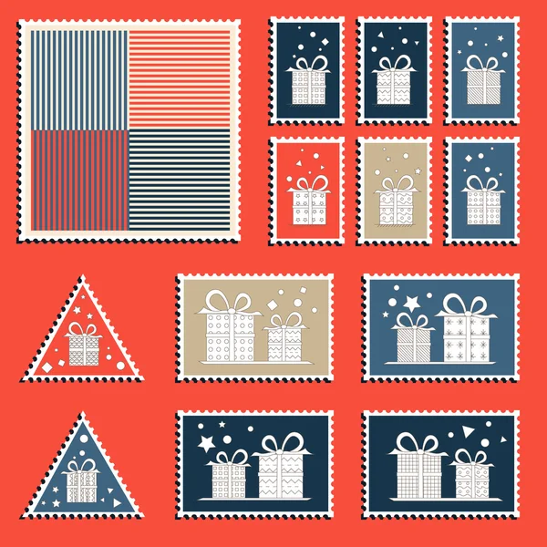 Stor uppsättning färgglada Christmas frimärken. Vintage nyåret dekoration element. — Stock vektor
