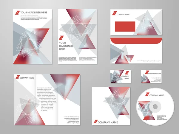 El kit de identidad corporativa profesional o el kit de negocios con diseño abstracto geométrico para su negocio incluyen CD, cubierta, tarjeta de visita, sobre, volantes y folleto trif-old . — Vector de stock