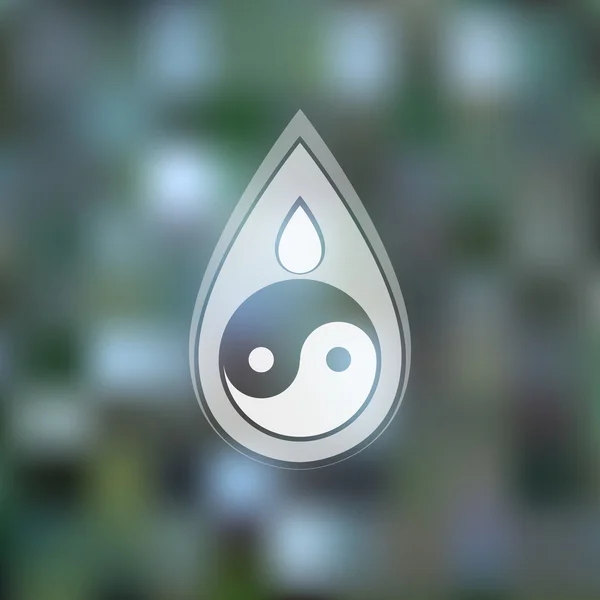 Templat desain logo vektor. Tetesan air biru abstrak dengan simbol yin yang pada latar belakang kabur. Bisnis, teknologi, alam, tanda ekologi . - Stok Vektor