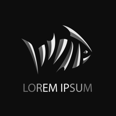 Vektör logo tasarım şablonu. Çelik soyut balık logo kavramı. 3D metal simgesi. Deniz vektör tasarım öğesi. Deniz ürünleri dükkan, Restoran ve kafe logo. Düzenlenebilir.