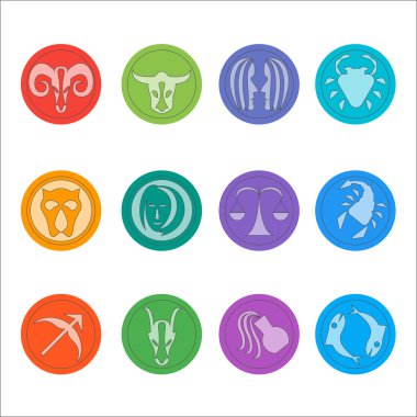 Zodiac symbols. Flat thin set of simple round zodiac icons on color background - for web and print. Horoscope Signs.