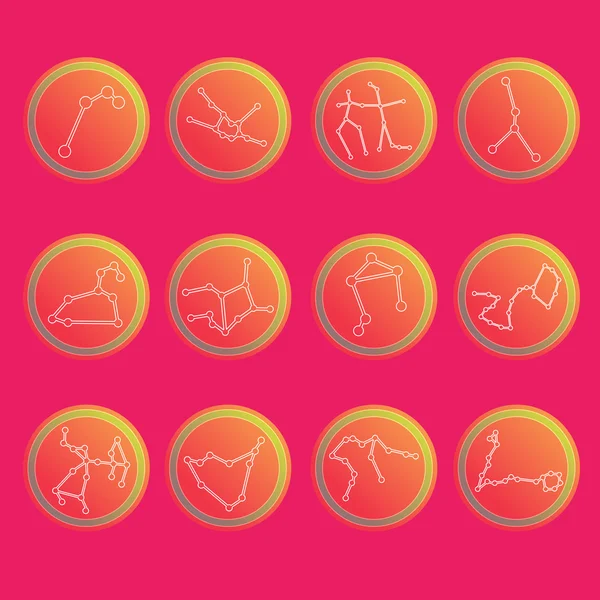 Zodiac constellations. Flat thin set of simple round zodiac constellations icons on color background - for web and print. Horoscope Signs. — Stock vektor