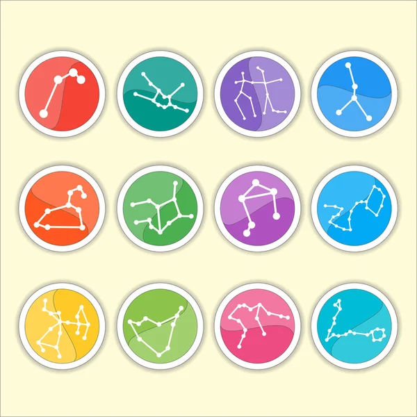 Zodiac constellations. Flat thin set of simple round zodiac constellations icons on color background - for web and print. Horoscope Signs. — Stockvector