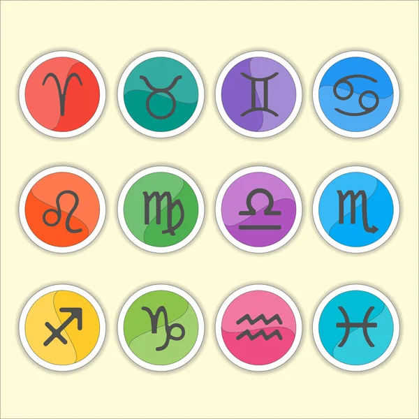 Signos del zodíaco. Conjunto plano delgado de iconos zodiacales redondos simples sobre fondo de color - para web e impresión. Signos de horóscopo . — Vector de stock