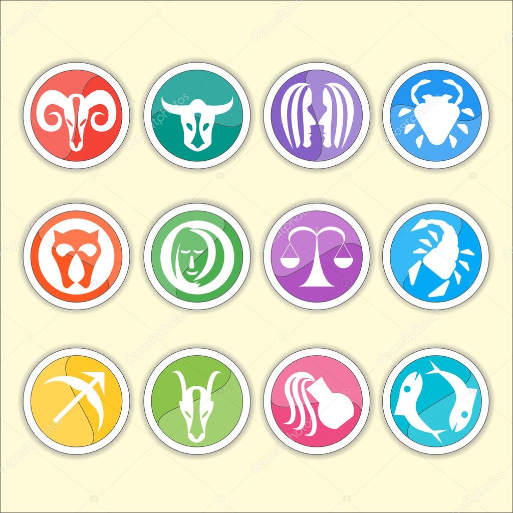 Zodiac symbols. Flat thin set of simple round zodiac icons on color background - for web and print. Horoscope Signs.