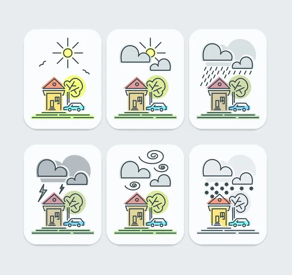 房子、 汽车和户外在薄平面样式树彩色天气预报图标的设置. — 图库矢量图片