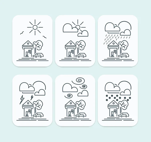 Conjunto de ícones de previsão do tempo com casa, carro e árvore ao ar livre em estilo plano fino . — Vetor de Stock