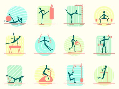 Farklı spor aktivite yapma kişi ile spor ekipmanları simgeler kümesi. Atletik, vücut geliştirme, eğitim ve Egzersiz Egzersizler insanlar için.